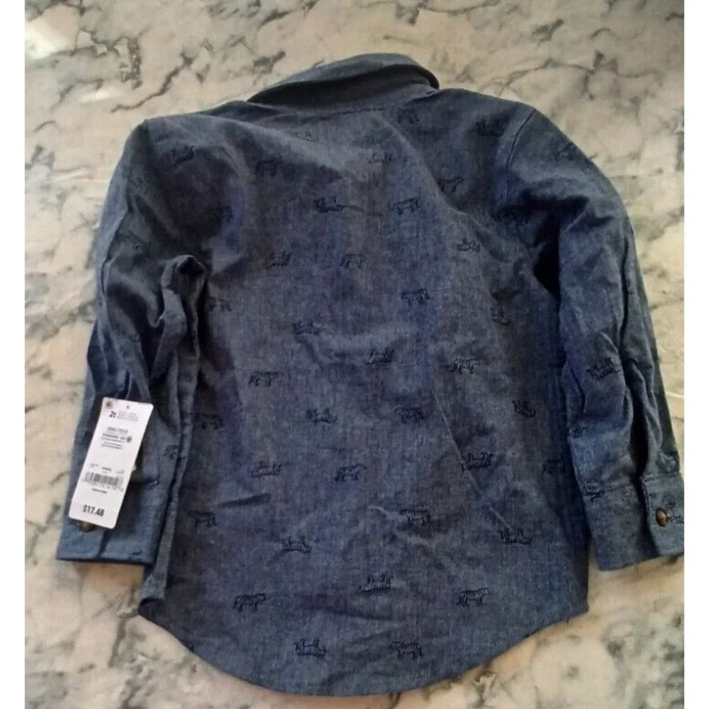 Carters Child of Mine Boy 2T‎ Shirt Button Down NWT Tiger Print Chambray Preppy
